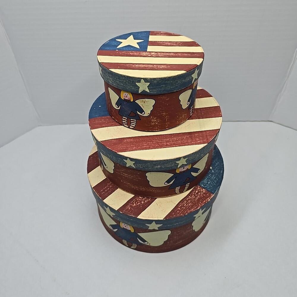 Lot of 3 Vintage Patriotic Angel paper Box Red/White Stripes Stars Angels - Picture 2 of 15